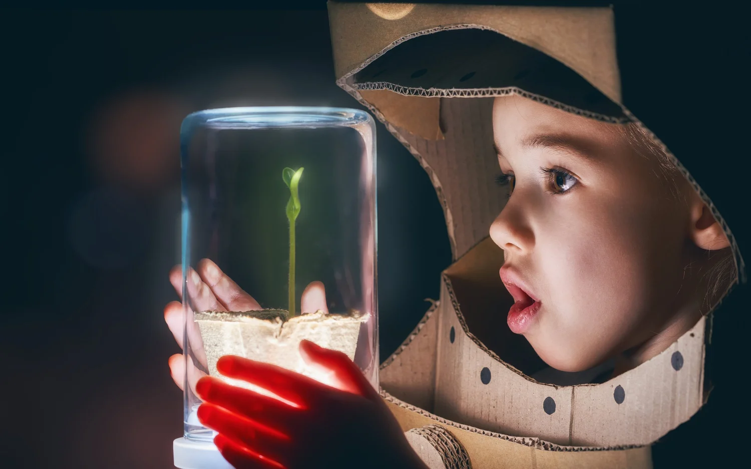 Girl in a cardboard astronaut suit looking at a seed growing